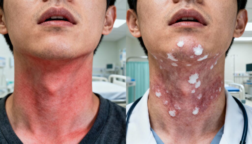 Durere în gât comparată vizual între forma virală, cu roșeață moderată, și forma bacteriană, cu pete albe și inflamație severă.