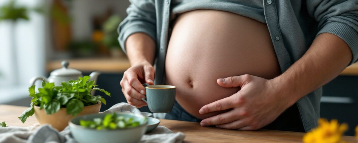 Remedii pentru eliminarea gazelor intestinale: mentă, mușețel și anason pe masă, lângă un bărbat balonat care bea ceai pentru calmarea balonării.