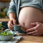 Remedii pentru eliminarea gazelor intestinale: mentă, mușețel și anason pe masă, lângă un bărbat balonat care bea ceai pentru calmarea balonării.