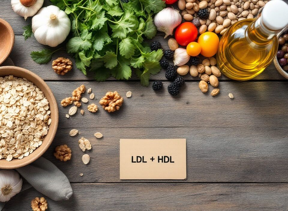 Tratament naturist pentru colesterol format din alimente sănătoase: ovăz, nuci, ulei de măsline și avocado, așezate pe masă.